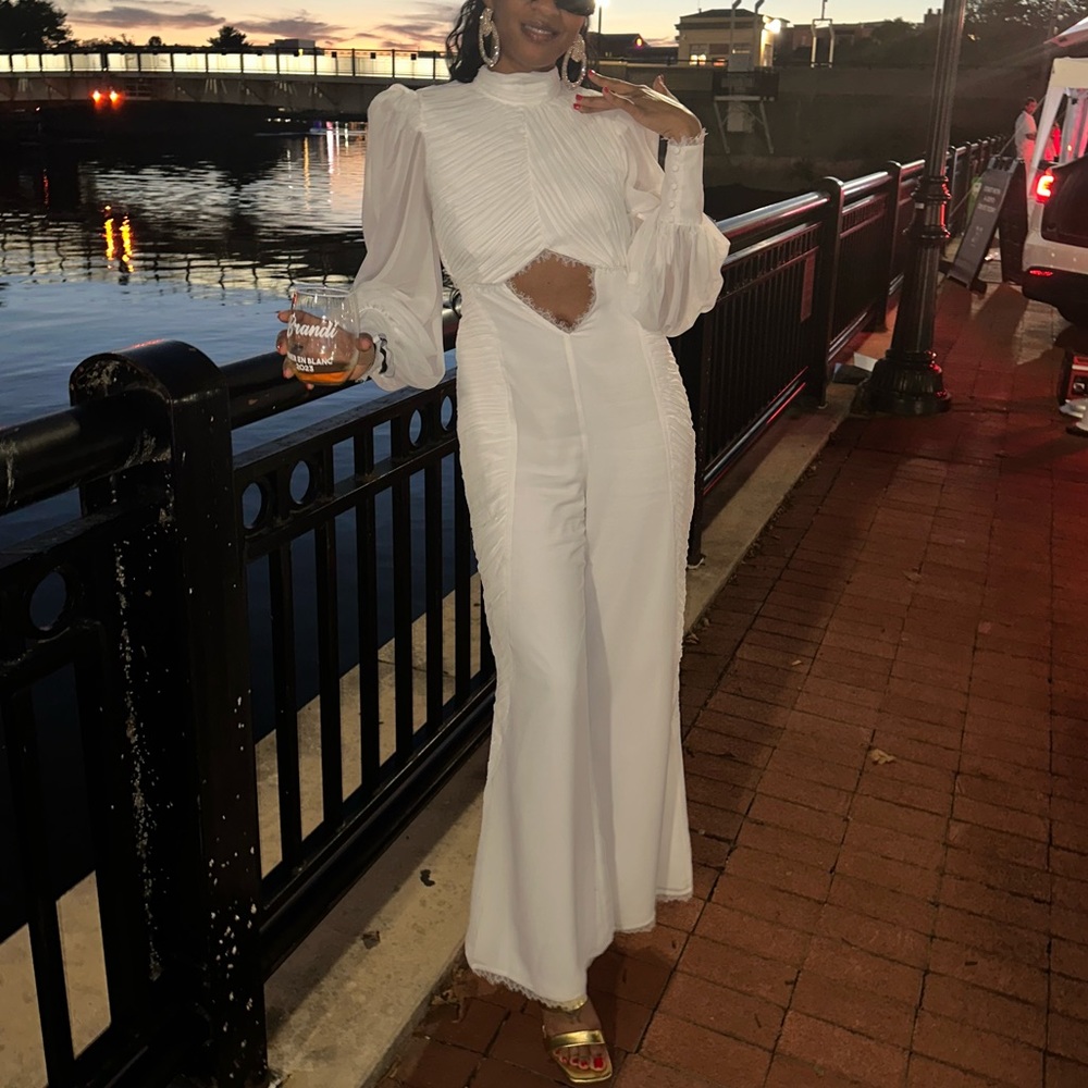 ASOS Luxe ruched chiffon jumpsuit with blouse sleeves & lace detail